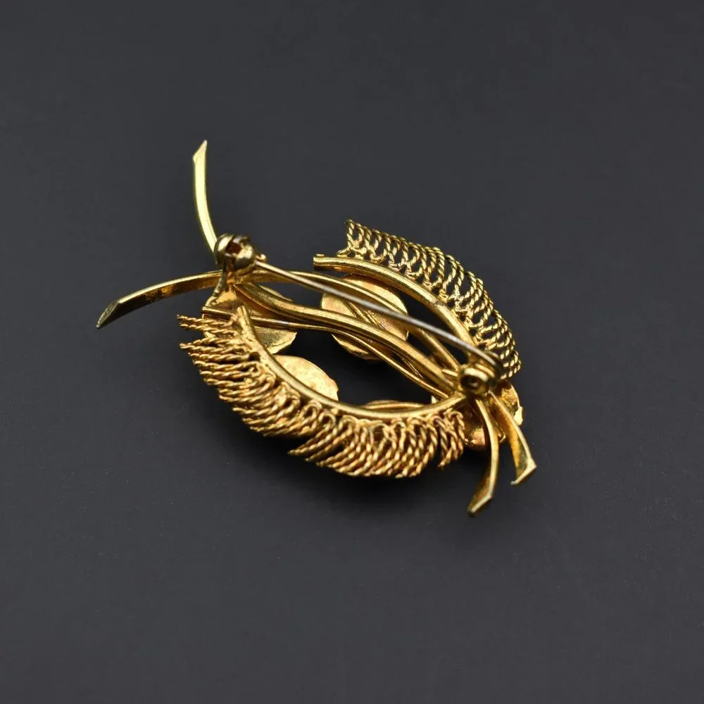 Green stone floral lapel brooch, accent vintage leaf jacket pin gold tone